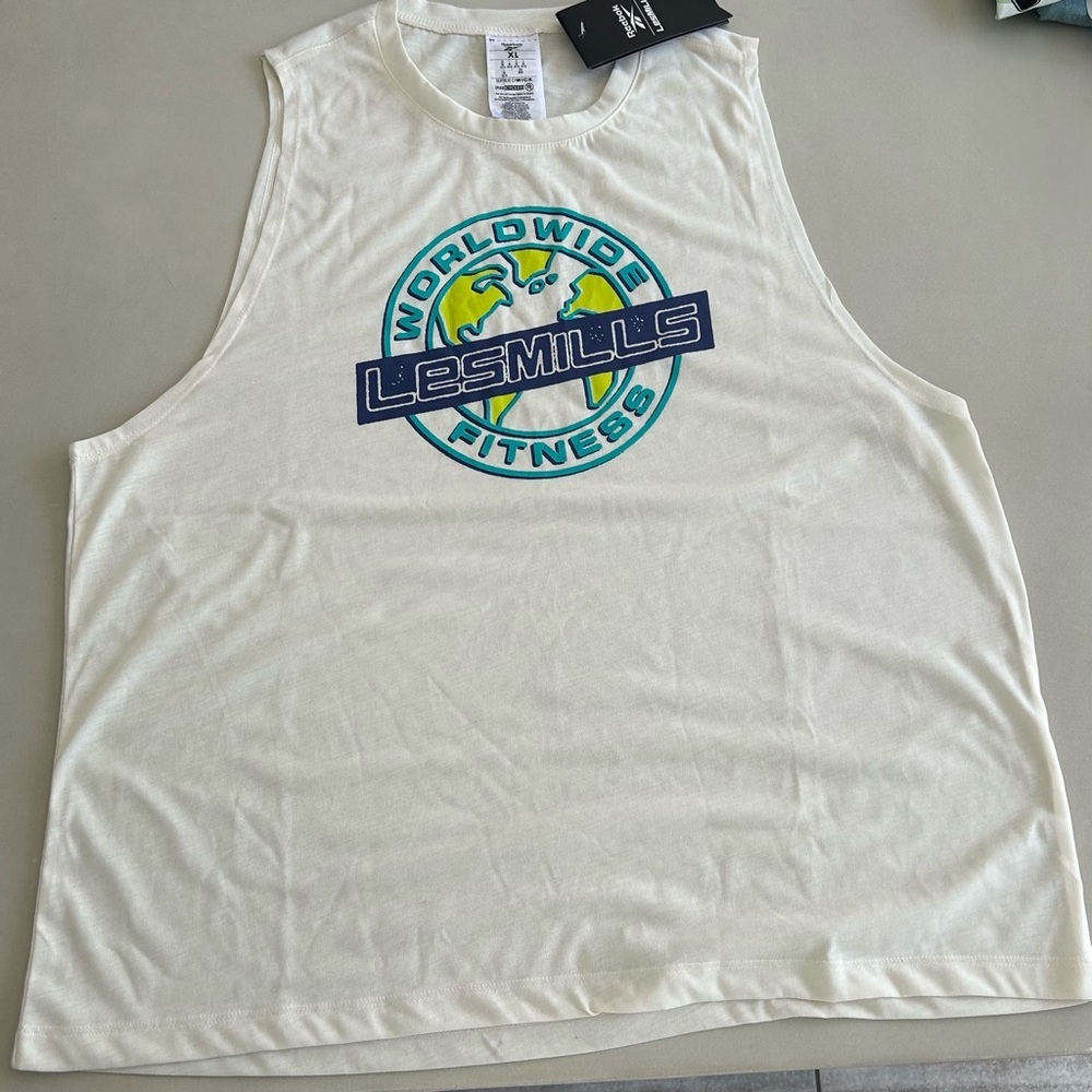 Reebok LeeMills Cream with Blue Graphic Tank Top , Size XL